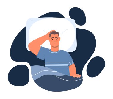 Uykusuzluk ve uyku bozukluğu kavramı. Üzgün, yorgun bir adam yatakta yatıyor ve uyuyamıyor. Psikolojik hastalık ya da düşük melatonin seviyesi. Depresyon ya da stres. Çizgi film modern düz vektör çizimi