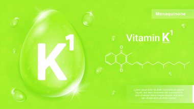 K vitamini ve kimyasal yapıyı bırakın. Hastalıkların tedavisi ve önlenmesi için üzerinde menaquinone olan yeşil poster. Güzellik ve deri sağlığı için vitamin kompleksi. Gerçekçi 3B vektör illüstrasyonu