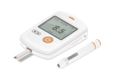 Glucometer simgesi olan bir poster. Kan şekeri veya glikoz seviyesini test etmek ve izlemek için bir cihaz. Diyabet kontrolü ve teşhisi. Tıbbi ölçüm aleti. Karikatür izometrik vektör çizimi