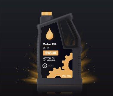 Bir şişe motor yağlı pankart. Lokomotif pistonunu yağlamak için siyah motor yağı kutusu olan siyah poster. Ürün ambalajlama ve reklam için tasarım. Gerçekçi 3B vektör illüstrasyonu