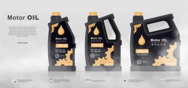 İçinde motor yağı şişeleri olan pankart. Poster, paketler ve araba yağı etiketleri. Araç bakımı ve piston yağlama. Reklam ve promosyon için tasarım. Gerçekçi 3B vektör illüstrasyonu