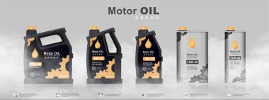 İçinde motor yağı şişeleri olan pankart. Motor pistonunu yağlamak için yağ kutularıyla reklam afişi. Pazarlama ve ürün tanıtımı için etiketli tasarım elemanı. Gerçekçi 3B vektör illüstrasyonu