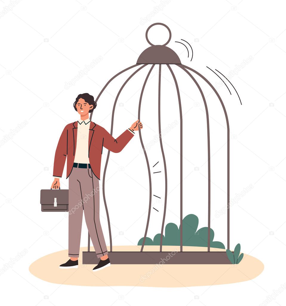 Woman leave inner prison. Girl with briefcase outside comfort zone. Psychological and mental problems. Overcoming depression and positive and optimistic character. Cartoon flat vector illustration