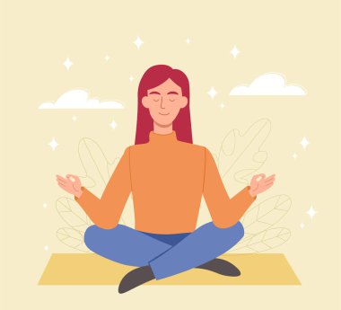 Yoga ve meditasyon konsepti. Gülümseyen kadın lotus pozisyonunda oturur, zihnini temizler ve rahatlar. Akıl sağlığı ve psikolojik denge. Sağlıklı yaşam tarzı ya da spor. Çizgi film düz vektör çizimi