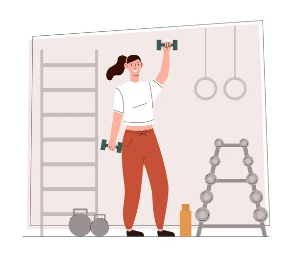 Weightloss Physical Activity Concept Smiling Woman Sports Clothes Lifts Dumbbells — Stock Vector