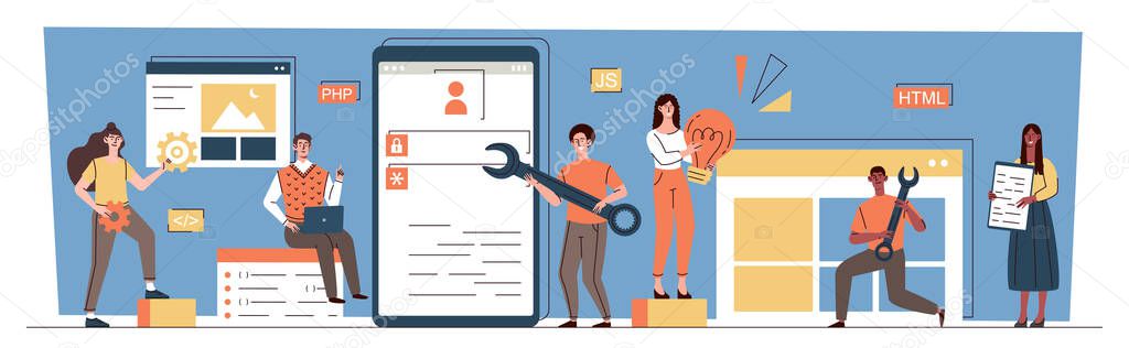 Web developers team concept. Male and female programmers create software or user interface for application or website. Programming languages. Creative employees. Cartoon flat vector illustration