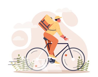 Bisikletli kurye. Modern servis ve eve fast food teslimatı. Sırt çantalı adam. Kafe ve restoranların çalışanı. Web sitesi için reklam afişi. Çizgi film düz vektör çizimi