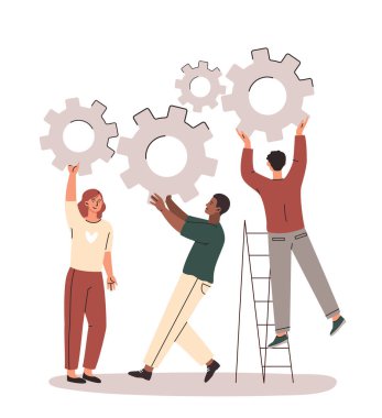 İşbirliği kavramı. Erkekler ve kızlar vites değiştiriyor. Takım çalışması, iş arkadaşları ve ortaklar. Motivasyon posteri ya da afiş, ortak proje üzerinde çalışan şirket çalışanları. Çizgi film düz vektör çizimi