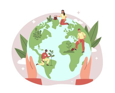 El ele tutuşma dünyası. Gezegeni önemseyen çevreciler ağaç dikerler, zararlı atıkların salınımını azaltırlar. Gönüllüler ve hayır işleri. Sorumluluk sahibi bir toplum, Dünya 'nın temizlenmesi. Çizgi film düz vektör çizimi