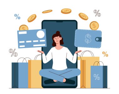 Para iadesi konsepti. Kız bir karttan diğerine para aktarıyor, modern teknoloji ve dijital dünya. Güvenli online alışveriş, yatırım ve finansal okur-yazarlık. Çizgi film düz vektör çizimi