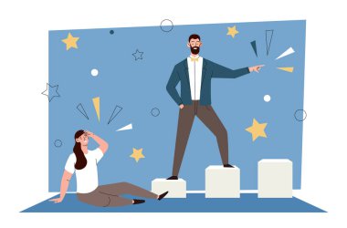 Zayıflığa karşı güç. Adam sütunlara tırmanıyor ve kız kafasıyla oturuyor. Sosyal eşitsizlik ve ayrımcılık. Motivasyon ve liderlik, kişisel gelişim. Çizgi film düz vektör çizimi