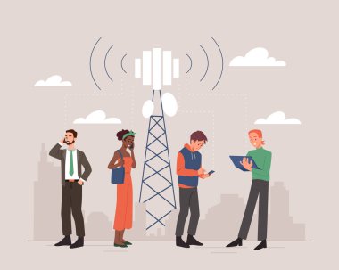 5G ağının yanındaki insanlar. Erkekler ve kızlar aletleri, aletleri ve akıllı telefonları olan kulenin yanında dururlar. En hızlı internet, modern teknolojiler ve dijital dünya. Çizgi film düz vektör çizimi