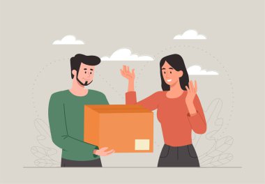Kurye paketi verir. Adam paketini kıza, modern servise ve online alışverişe uzatıyor. Sürpriz ve hediye, lojistik. İnsanların elinde karton kutu, müşteri ya da müşteri var. Çizgi film düz vektör çizimi