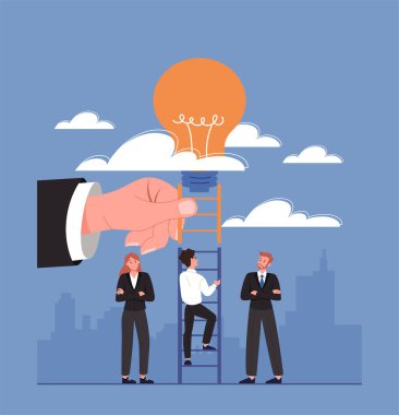 Merdiven fikri. Erkekler ve kızlar ampule tırmanıyor. Yaratıcı insanların metaforu ve beyin fırtınası. Çalışanlar zihinsel çıkmazlarına, gelişimlerine bir çözüm arıyorlar. Çizgi film düz vektör çizimi