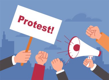 Protesto kavramı. El işaretleri ve megafon tutan eller. Kalabalık haklarını, gösterilerini ve demokrasilerini savunmak için sokaklara döküldü. Grev, kamuoyu metaforu. Çizgi film düz vektör çizimi