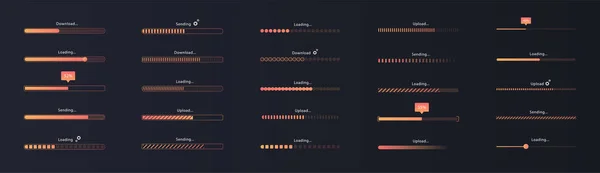 Progress loading bar. Collection of interface elements for applications and programs. Set of orange scales, loading files or game maps. Cartoon flat vector illustrations isolated on dark background