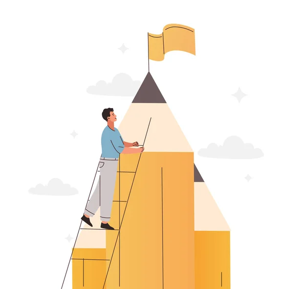 Creative Challenge Concept Man Climbs Stairs Large Pencil Web Designer — Stock Vector