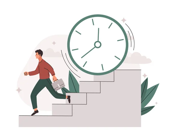 Work Deadline Concept Man Runs Stairs Background Clock Metaphor Time — Stock Vector