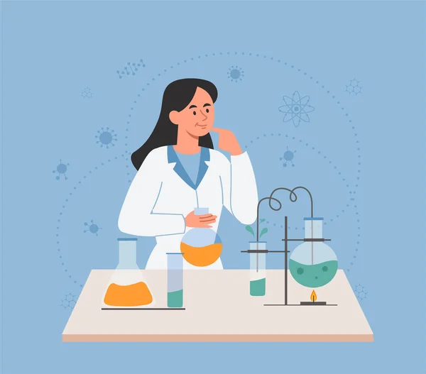 Scientist Conducts Experiment Girl Medical Coat Next Table Substances Evaluation — Stock Vector