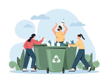 Plastik kirliliği sorunu. Yong erkekleri ve kızları çöp kutularına şişe koyarlar. Gönüllüler ve sorumlu toplum. Motivasyon posteri ya da web sitesi afişi. Çizgi film düz vektör çizimi