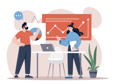 Proje sunumu kavramı. Grafiklerin ve diyagramların arka planında bir erkek ve bir kız var. Analitik departman bilgilerle çalışır, halka açık bir konuşma hazırlar. Çizgi film düz vektör çizimi