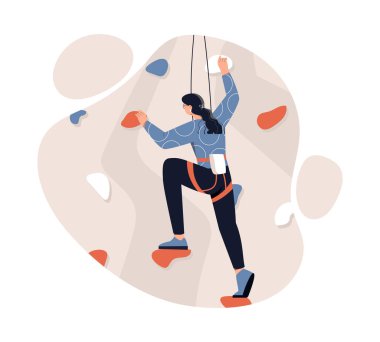 Kaya tırmanışçısı konsepti. Kız, tırmanışçılar için simülatörde yarışmalara, aktif yaşam tarzına ve ekstrem sporlara hazırlanıyor. Tatildeki karakter, sağlıklı yaşam, eğitim. Çizgi film düz vektör çizimi