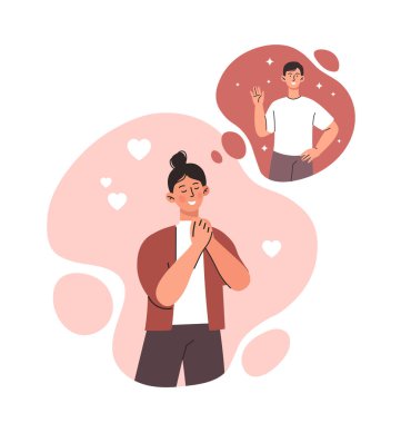 Âşık olmak. Kız, erkeği, mutlu çifti ya da aileyi hayal eder. Sevgilisini ya da romantik randevusunu bekleyen bir kadın, aşk ve ilgi, fantezi. Bekleyen kadın erkek arkadaş. Çizgi film düz vektör çizimi