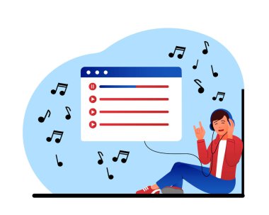 Çalma listesini dinleyen adam. Kulaklıklı adam büyük telefonun önünde. Müzik sevgisi, işten sonra dinlenme ya da ders çalışma. Gençler ses dosyalarını, dijital teknolojiyi dinliyor. Çizgi film düz vektör çizimi