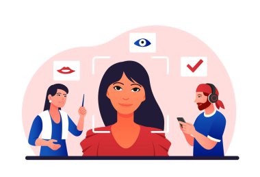 Bilim adamları kadın duygularını tanımlar. Psikoloji ve farkındalık, yüz ifadelerinin ve jestlerin değerlendirilmesi. Eğitim ve kişisel gelişim, eğitim ve öğrenme. Çizgi film düz vektör çizimi