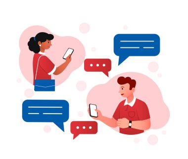 İnsanlar mesaj gönderiyor. Erkek ve kız sosyal ağlar, modern teknoloji ve dijital dünyada iletişim kurarlar. Aşk çifti, arkadaşlar ya da iş arkadaşları internette sohbet ediyorlar. Çizgi film düz vektör çizimi