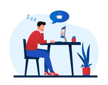 Uykulu adam iş yerinde. Adam ekrana grafiklerle bakıyor ve uyuyor. Karakterin neşelenmesi için bir fincan kahve ya da çaya ihtiyacı var. Duygusal çöküntü ve yorgunluk. Çizgi film düz vektör çizimi