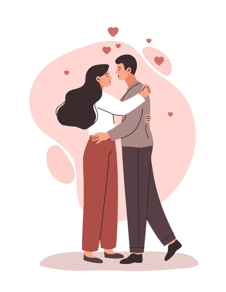 女性と男性がキス ロマンチックなデートの若いカップル バレンタインデー ハッピーファミリーの笑顔 サポート 招待状とグリーティングカードのデザイン 漫画フラットベクターイラスト — ストックベクタ