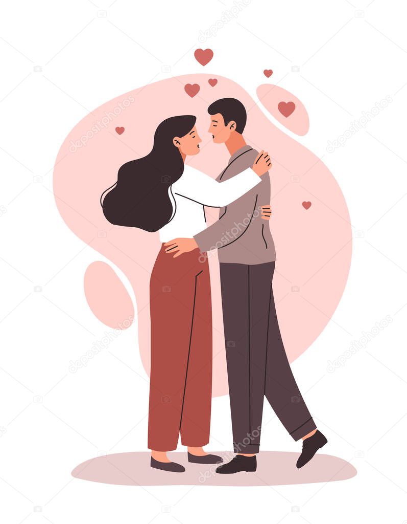 Woman and man kiss. Young couple on romantic date, valentines day, holiday. Happy family smiles, love, support and care. Design for invitation and greeting card. Cartoon flat vector illustration