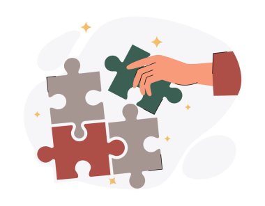 Girişimci bulmaca parçaları konseptine sahiptir. Çalışan başarıya ulaşmak için strateji geliştirir ve sorunlara çözüm bulur. Yaratıcı fikirler arayan bir iş adamı. Çizgi film düz vektör çizimi