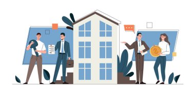 Ev konsepti satın almak. Genç bir adam ve bir kadın emlakçılarla iletişim kuruyor ve ipotekli bir daire satın alıyorlar. Karakterlerin kişisel özellikleri. Çağdaş düz vektör çizimi