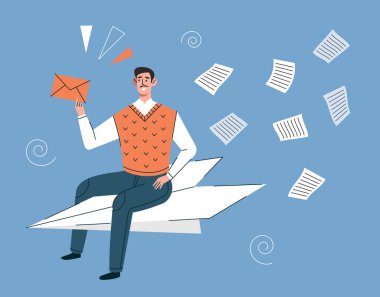 E-posta pazarlama konsepti. Genç gülümseyen adam kağıt uçakla uçuyor ve mektuplar ya da mesajlar yolluyor. Haber bülteni, sosyal medya tanıtımı ya da reklamcılık. Çizgi film düz vektör çizimi