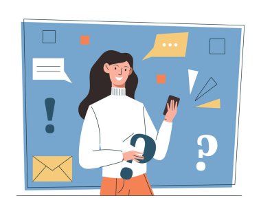 Sıkça Sorulan Sorular Konsepti. Elinde akıllı telefon tutan ve sorunlara çözüm arayan genç bir kadın. Online Müşteri Destek Merkezi. Soru işaretli karakter. Çizgi film düz vektör çizimi