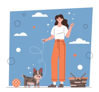 Hayvan sahibi ve köpek yavrusu konsepti. Genç gülümseyen kadın parkta köpeğiyle yürüyor. Dışarıda evcil hayvanlarla oynayan ve dinlenen bir karakter. Hayvanlar ve insanlar arasındaki arkadaşlık. Çizgi film düz vektör çizimi