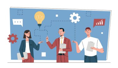 Verimli iş konuşması konsepti. Erkek ve kadın çalışanlar birbirleriyle iletişim kurarlar. Başarılı olmak için iş arkadaşları arasında etkili bir diyalog ya da tartışma. Çizgi film düz vektör çizimi