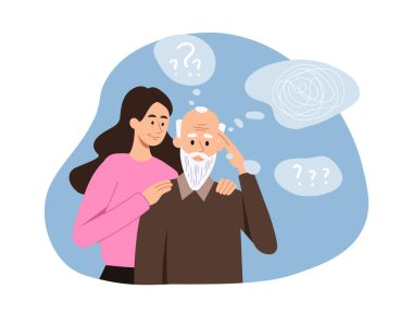 Yaşlılara yardım ve bakım. Gülümseyen kadın gönüllü, beyaz saçlı büyükbabaya bunama ya da Alzheimer hastalığında yardım ediyor. Kız, hafıza kaybı olan adamı destekliyor. Çizgi film düz vektör çizimi