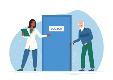 Bunama ve Alzheimer hastalıklarının tedavisi. Kafası karışmış yaşlı adam doktora gider. Hafıza kaybı yaşayan yaşlı karakter terapistten yardım ister. Akıl hastalığı terapisi. Çizgi film düz vektör çizimi