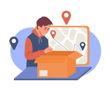 Karton kutu konsepti. Genç gülümseyen adam posta servisinden gelen emirlerle paketi açıyor. Karakter satın alır ve sevinir. Hızlı nakliye. Çizgi film düz vektör çizimi