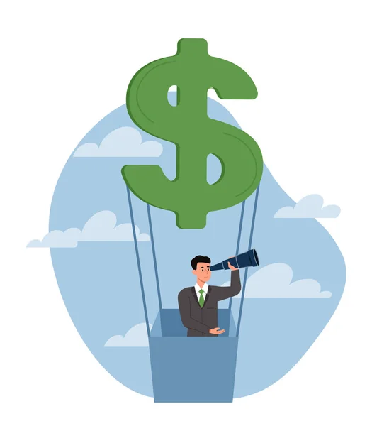 Begreppet Ekonomisk Förutsägelse Ung Manlig Entreprenör Flyger Pengar Eller Dollar — Stock vektor
