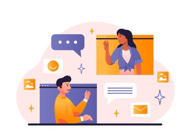 Arkadaş konseptiyle video konferansı. Kadın ve erkek dijital pencerelerden dışarı bakar ve birbirleriyle uzaktan iletişim kurarlar. Çalışanların ya da ortakların çevrimiçi toplantısı. Çizgi film düz vektör çizimi