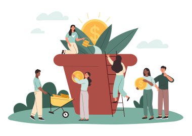 Yatırım ve kar büyüme kavramı. Genç erkekler ve kadınlar para ağacı yetiştirir. Finansal hedeflere ulaşmak için işbirliği ya da takım çalışması. Bozuk paralı girişimciler. Çizgi film modern düz vektör çizimi