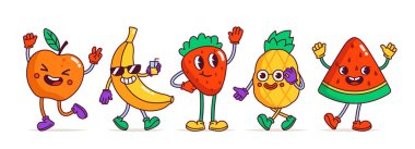 Bir dizi komik meyve karakteri. Elmalı, muzlu, çilekli, ananaslı ve gülen yüzlü karpuzlu çıkartmalar. Reklam ve ambalaj. Çizgi film düz vektör koleksiyonu beyaz arkaplanda izole edildi