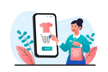 İnternetten alışveriş konsepti. Genç bir kadın büyük bir akıllı telefonun ekranında duruyor ve online uygulamadan alım yapıyor. Satış, özel teklif ya da tüketim. Çizgi film modern düz vektör çizimi