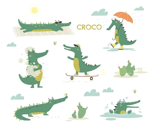 Crocodiles Mignons Dans Différentes Situations Ensemble Alligator Promenades Skateboard Lavages — Image vectorielle