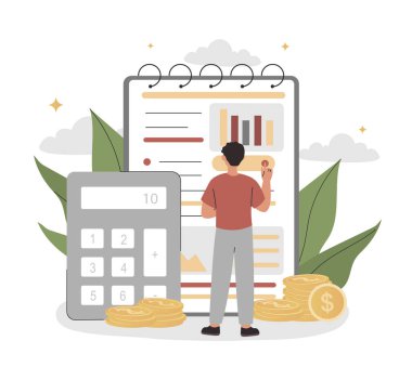 Finansal denge kavramı. Adam grafikleri ve grafikleri analiz ediyor, istatistiklerle çalışıyor. Finansal okuryazarlık, bütçe ve para kazanma planı. Çalışan ya da girişimci olarak. Çizgi film düz vektör çizimi