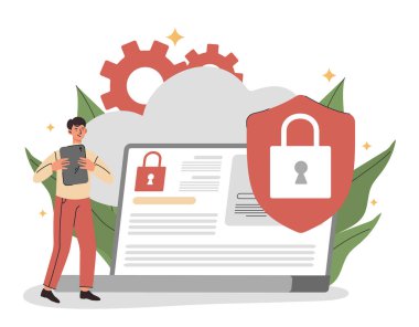 Bulut hesaplama konsepti. Akıllı telefonu ya da tabletli saati olan bir adam. Dosya transferi, dijital dünya ve modern teknolojiler. Kişisel bilgilerin korunması. Çizgi film düz vektör çizimi